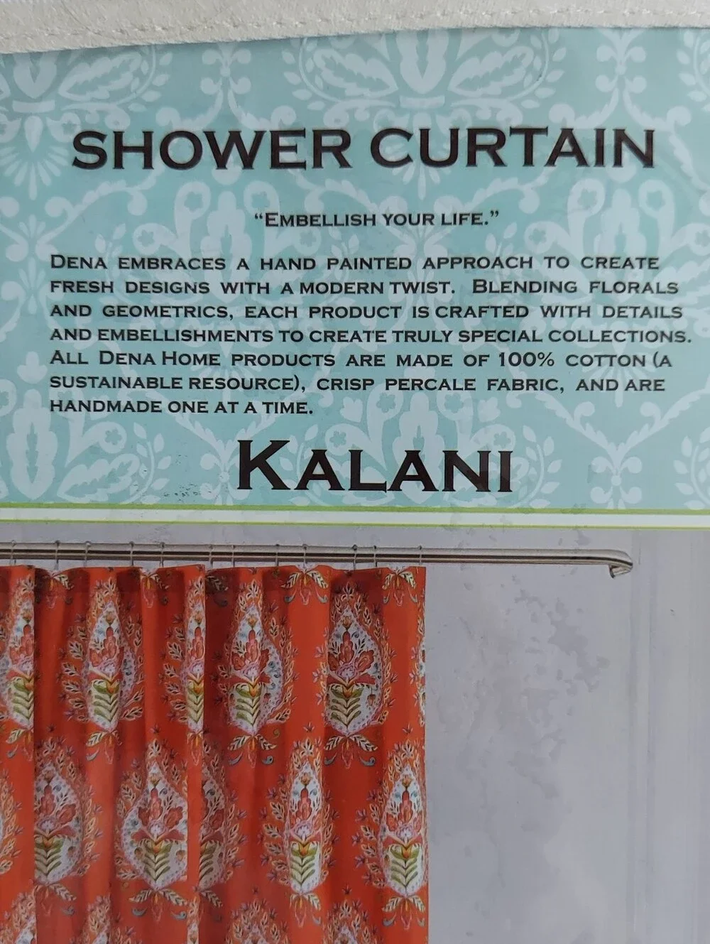 Dena Home Red-Orange Fabric Shower Curtain With Turquoise Trim